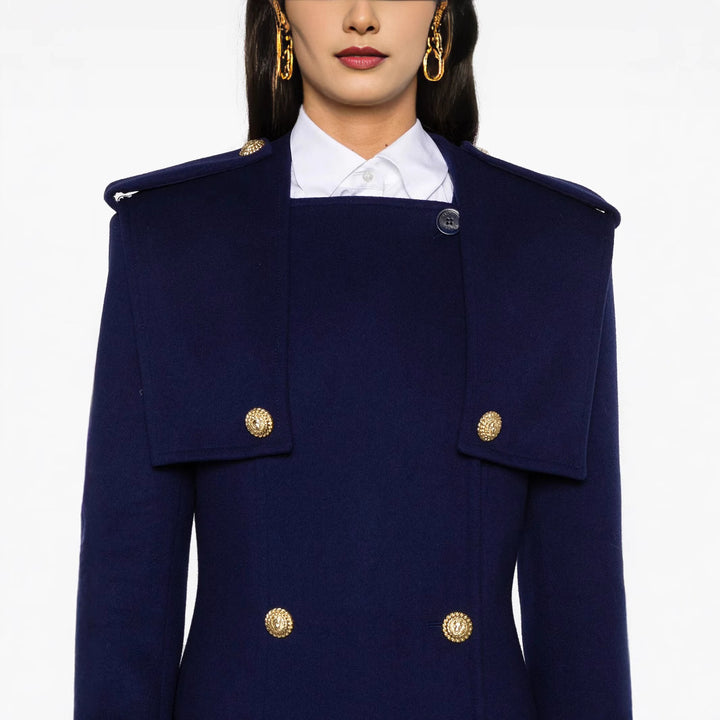 Women's Double-Breasted Coat with Cape Insert, Epaulettes and Decorative Straps Mune Fashion