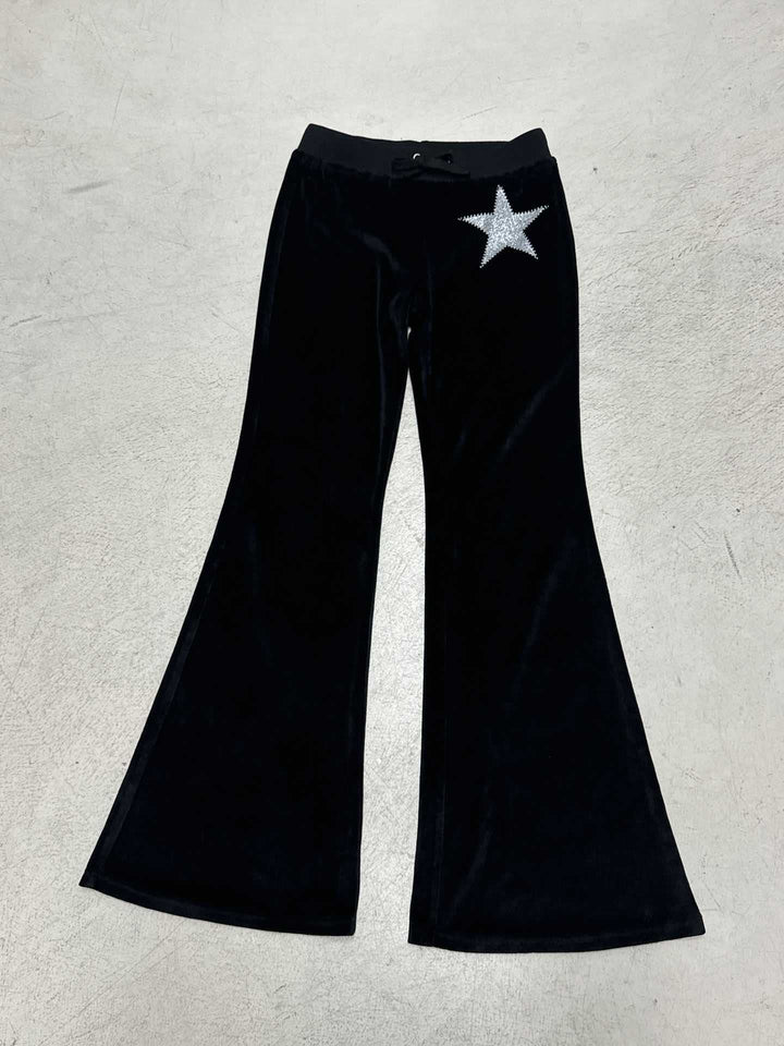 Women's soft velour flared pants with rhinestone decorative star and drawstring waistband Mune Fashion