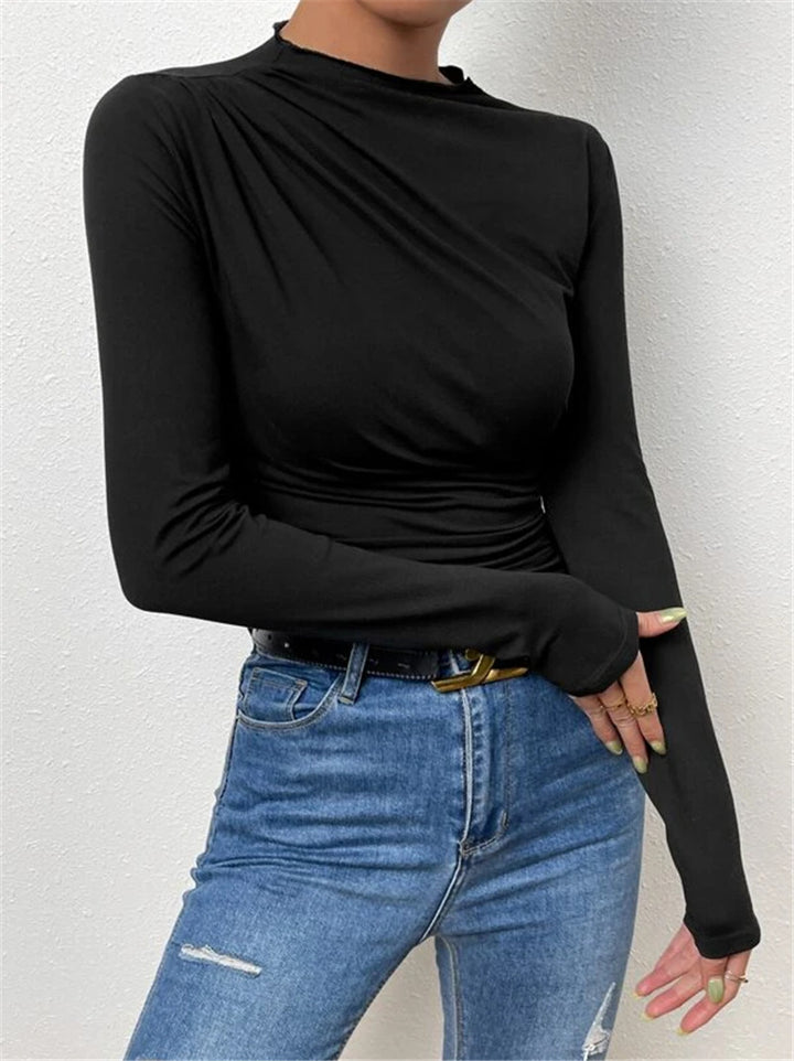 Women fitted long-sleeve shirt with side gathering and wide shoulder section Mune Fashion