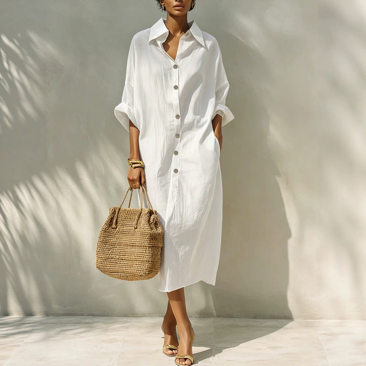 Women's Long Oversized Shirt Dress with Kent Collar and Continuous Button Placket Drune