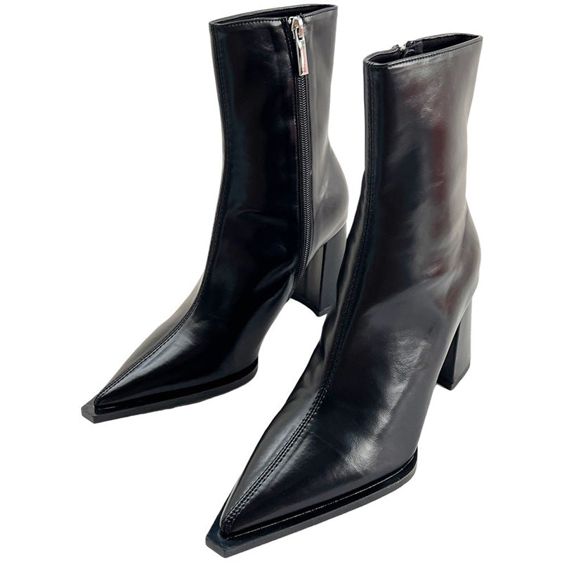 Women's Elegant Pointed Ankle Boots with Geometric Block Heel and Slim Shaft Cut Mune Fashion