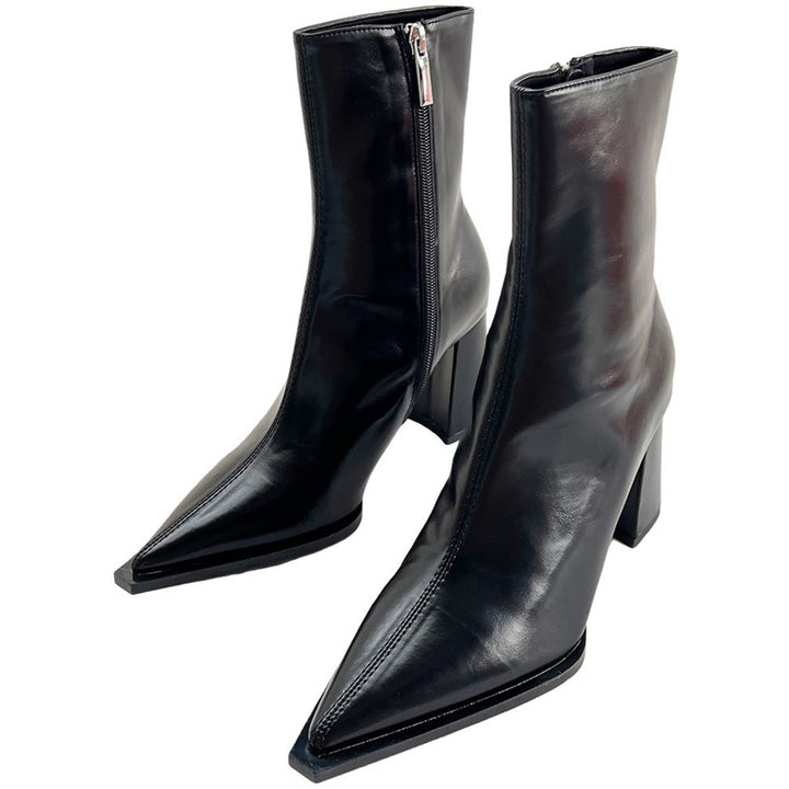 Women's Elegant Pointed Ankle Boots with Geometric Block Heel and Slim Shaft Cut Mune Fashion