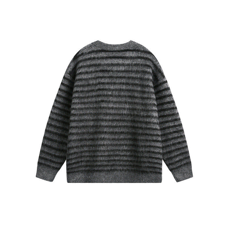 Unisex Oversize Striped Fluffy Sweater with Round Neck
