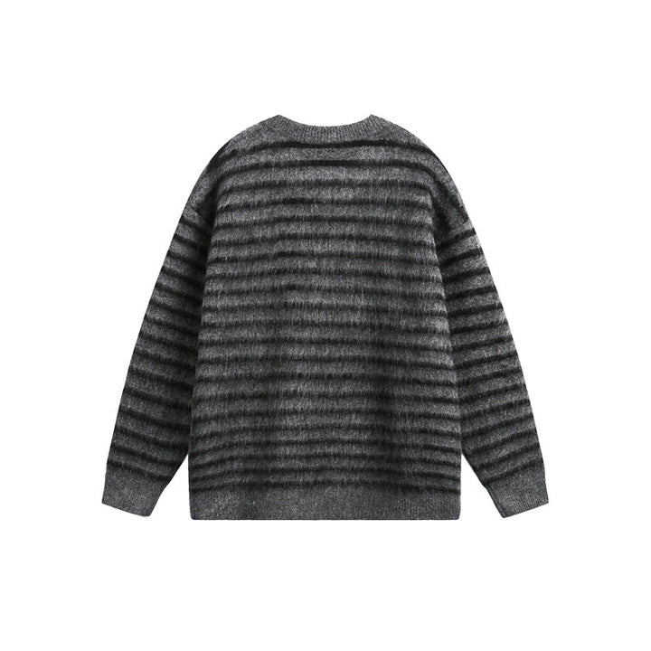 Unisex Oversize Striped Fluffy Sweater with Round Neck