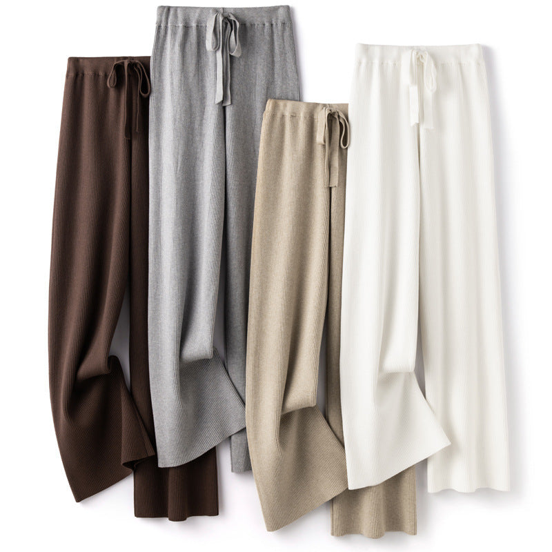 Women’s Wide Ribbed Knit Pants with Drawstring and Flowing Palazzo Silhouette Mune Fashion