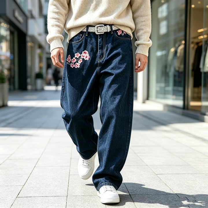 Men's Fashion Wide Cut Denim Pants with Floral Embroidery Mune Fashion