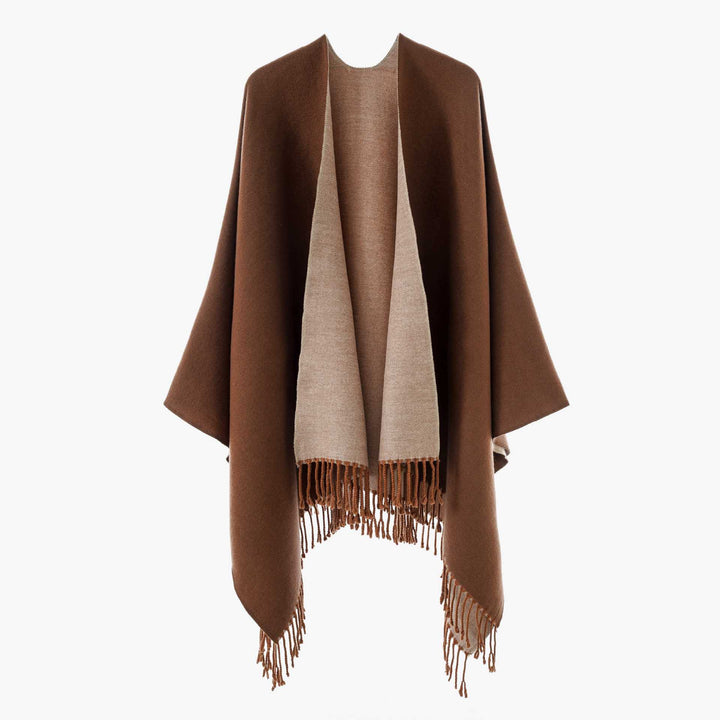 Ladies Elegant Collar Poncho with Lapel Look and Fringe Trim Mune Fashion