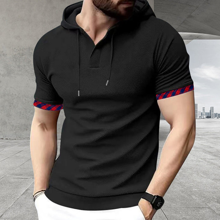 Men's slim fit short sleeve hooded shirt in polo style with Henley neckline and checkered sleeve cuff Mune Fashion