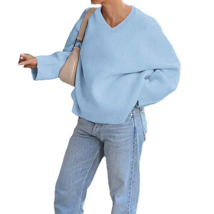 Women's oversized V-neck fine knit sweater with dropped shoulder, long kimono sleeves and wide ribbed trim Mune Fashion