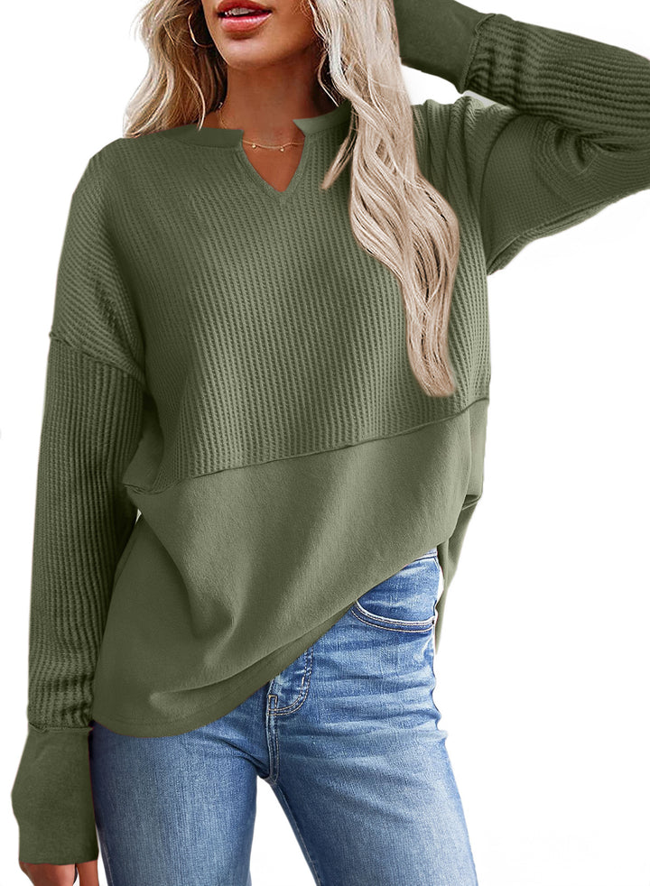 Women Oversized Sweater with Waffle Structure, V-Notch and Dropped Shoulder Mune Fashion