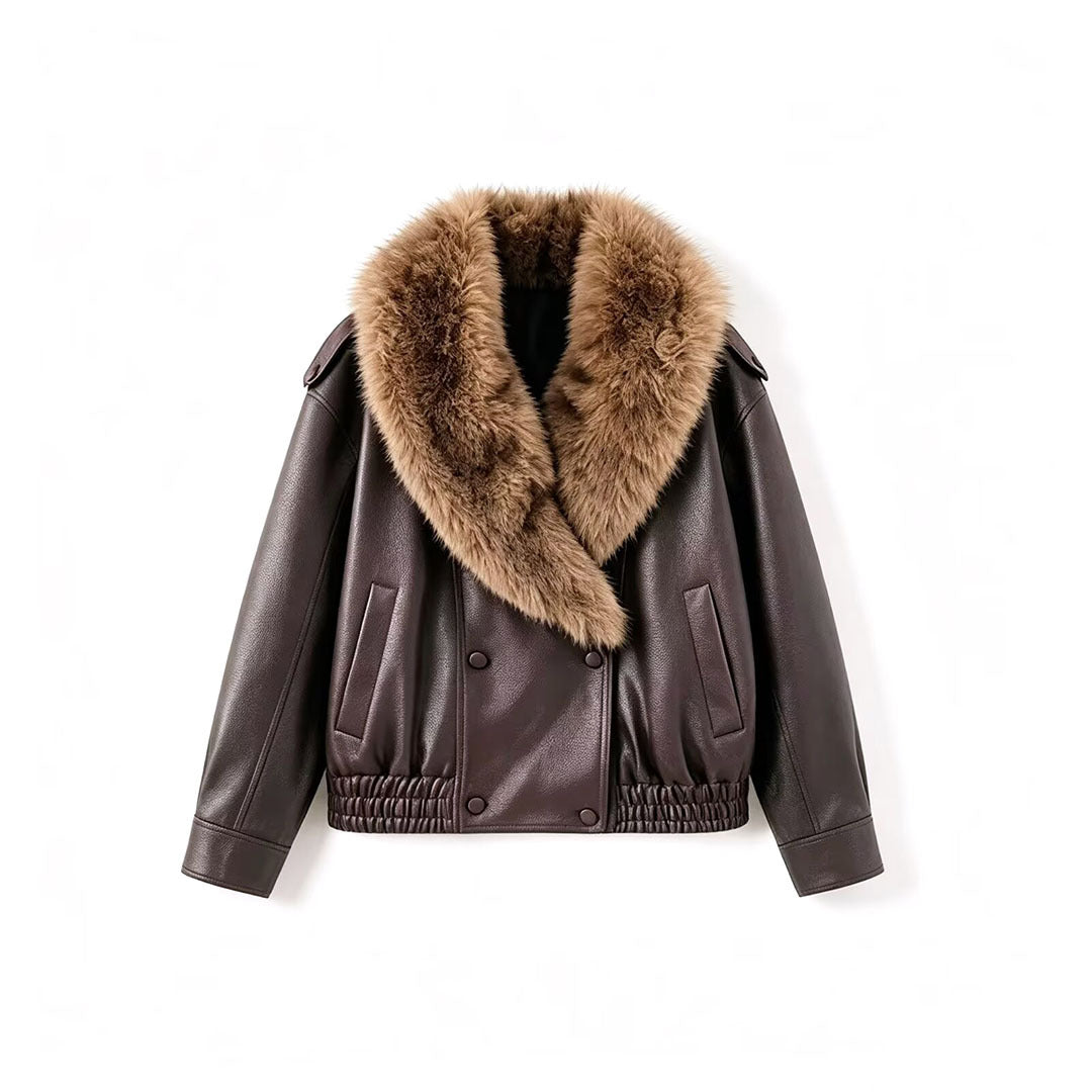 Women's Faux Leather Bomber Jacket with Large Faux Fur Collar Mune Fashion
