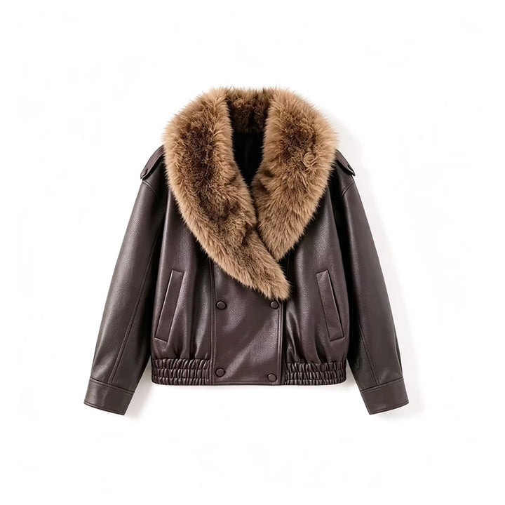 Women's Faux Leather Bomber Jacket with Large Faux Fur Collar Mune Fashion