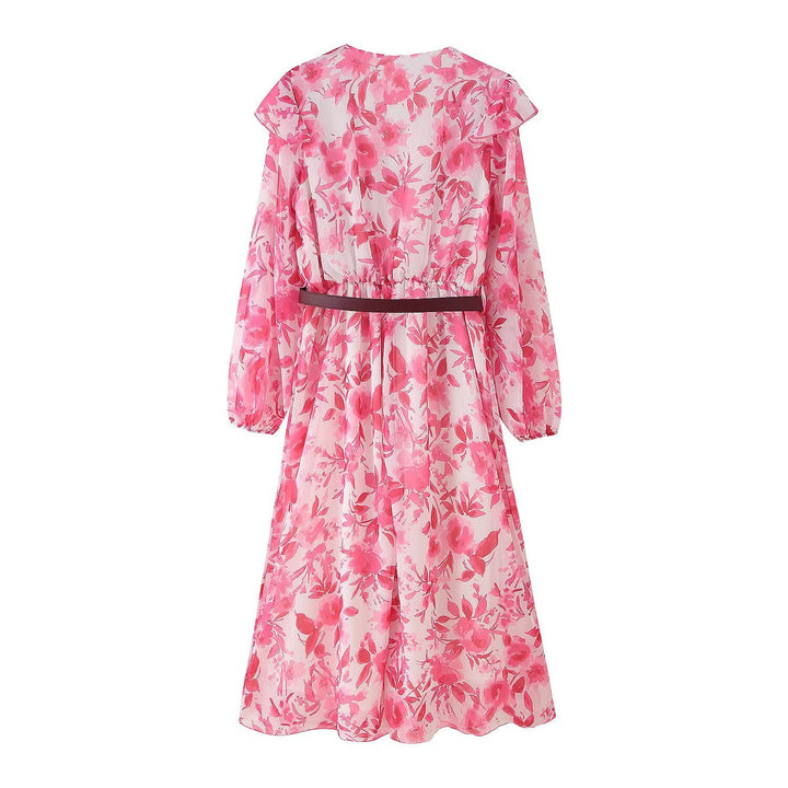 Women's flowing chiffon midi dress with deep V-neckline, ruffles, and fitted belt Mune Fashion