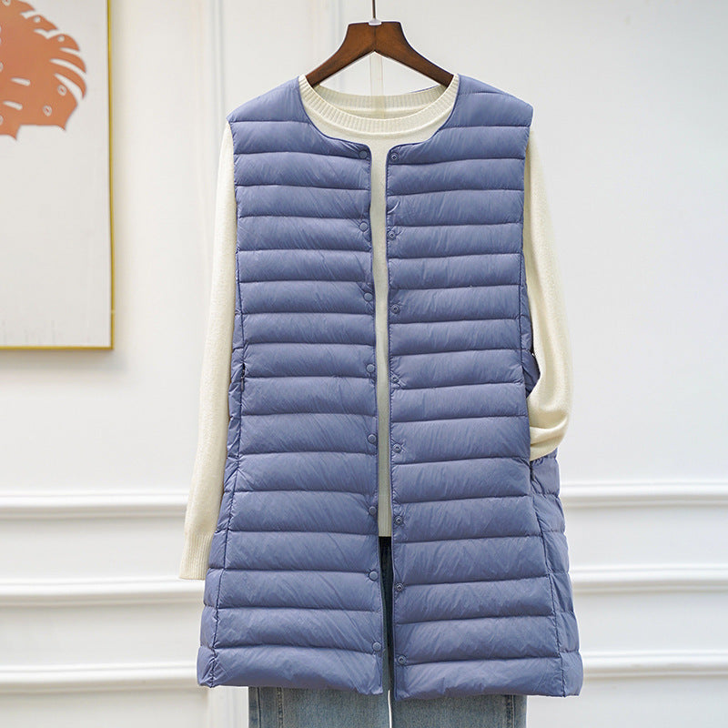 Women's long ultra-lightweight quilted vest with round neckline and snap button closure Mune Fashion