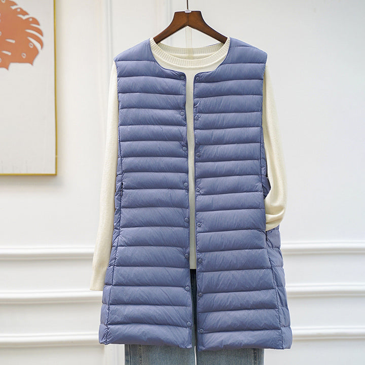 Women's long ultra-lightweight quilted vest with round neckline and snap button closure Mune Fashion