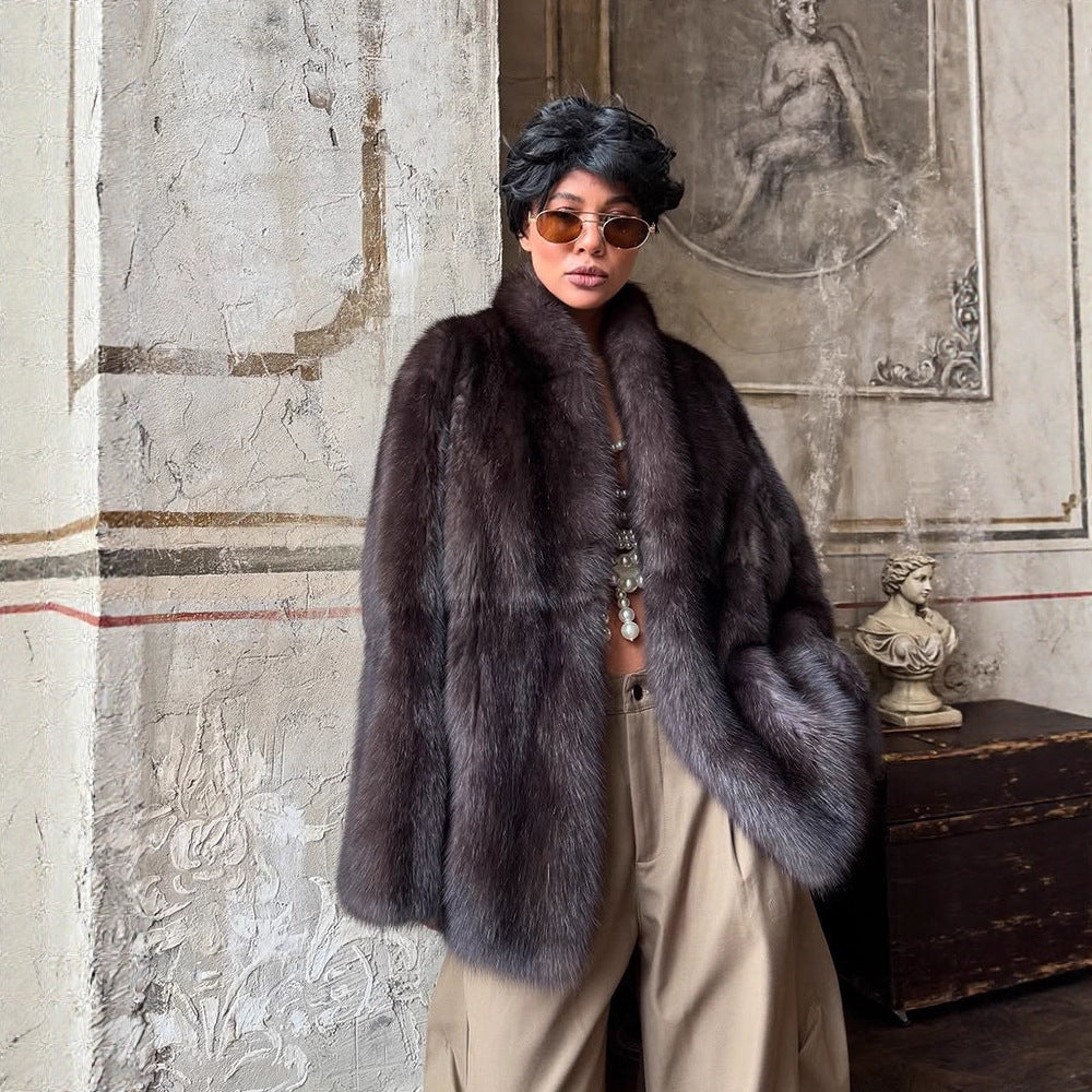 Women Short Fur Coat in Boxy Cut with Voluminous Shawl Collar Mune Fashion