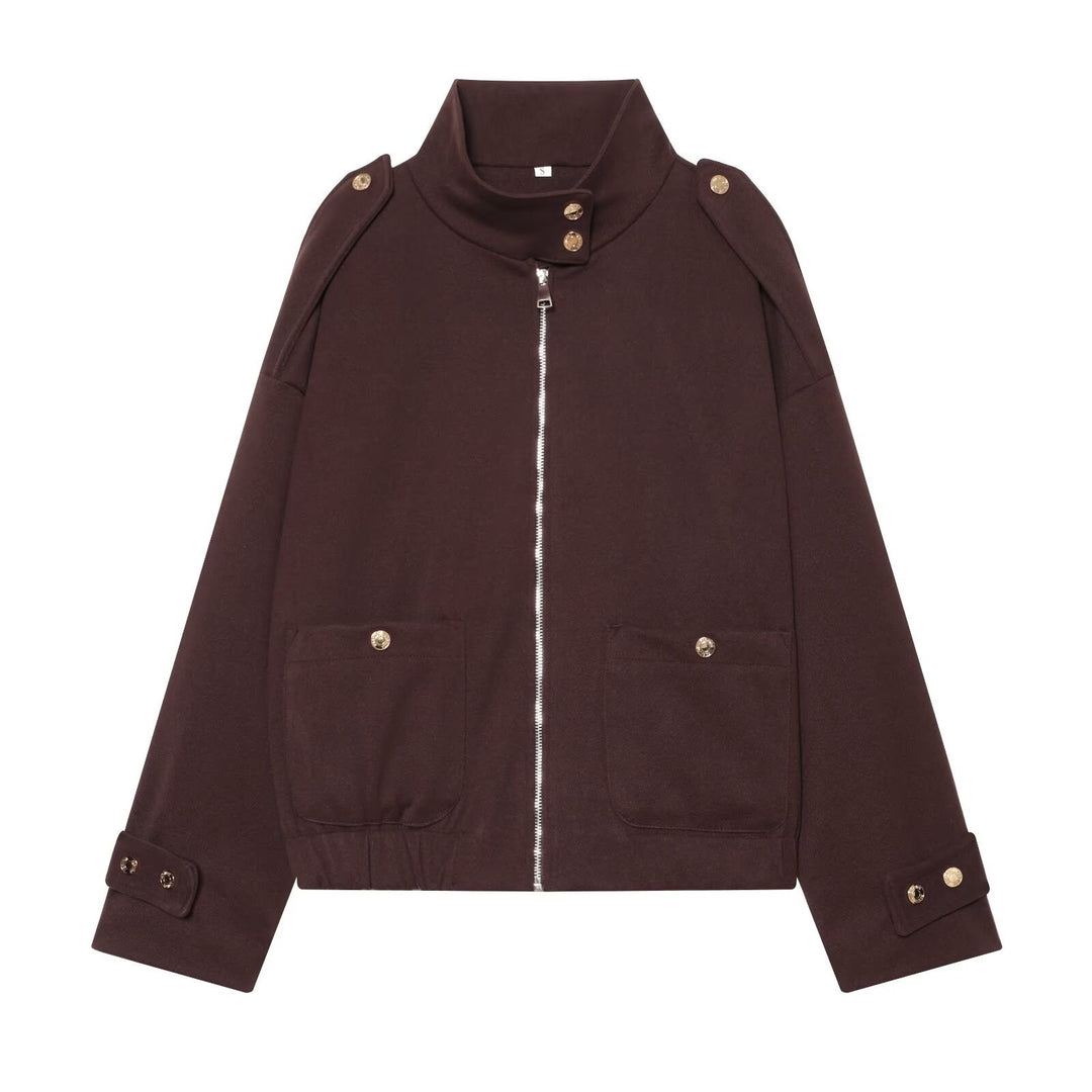 Women Cropped Utility Jacket with high collar, shoulder epaulettes and flap pockets