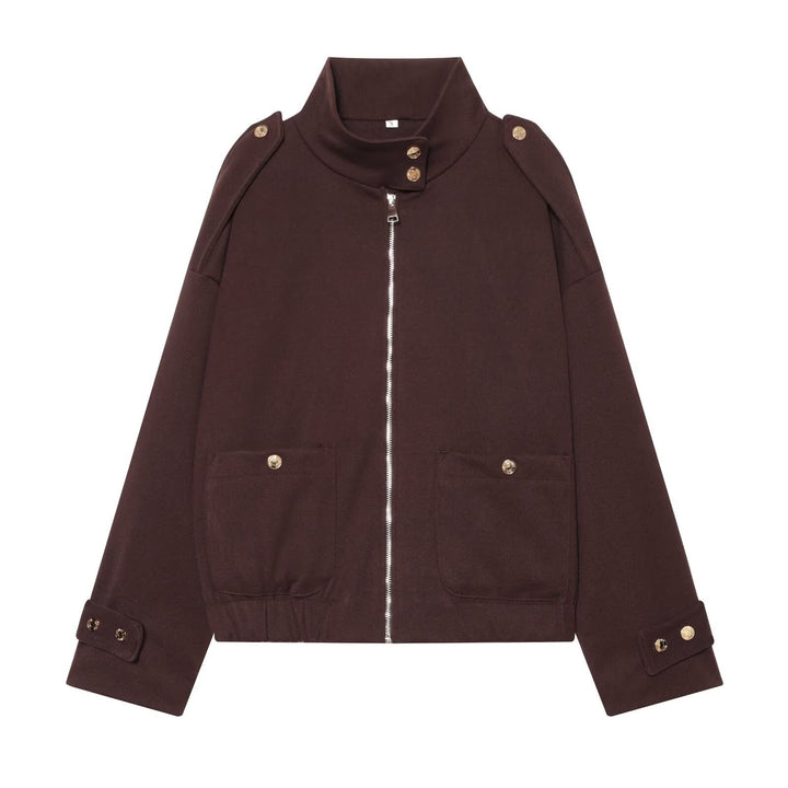 Women Cropped Utility Jacket with high collar, shoulder epaulettes and flap pockets