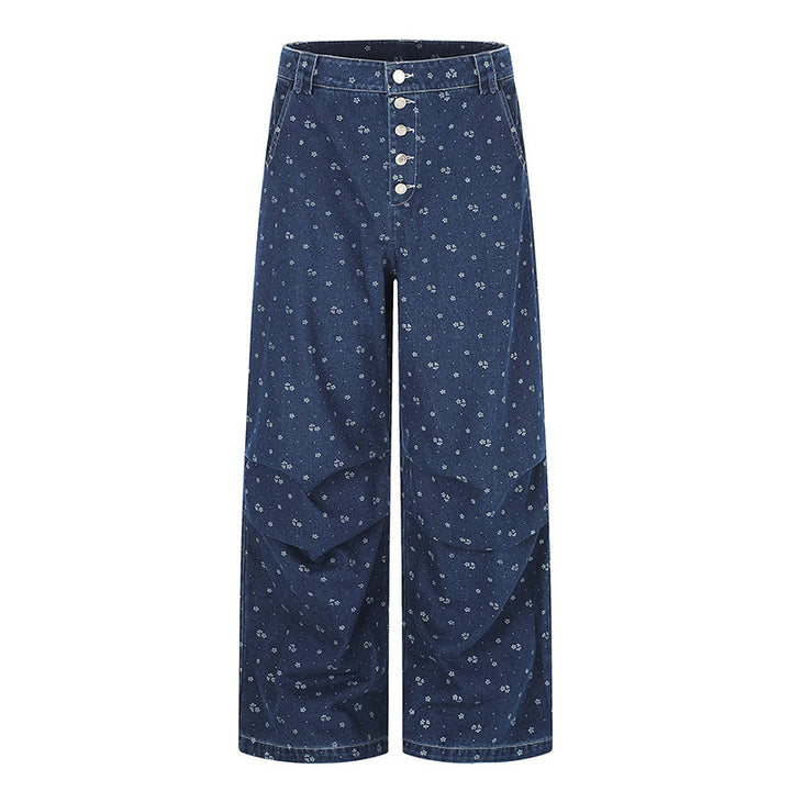 Women's High-Waist Culotte Jeans in Palazzo Cut with Visible Button Placket and Fine Floral Print Mune Fashion