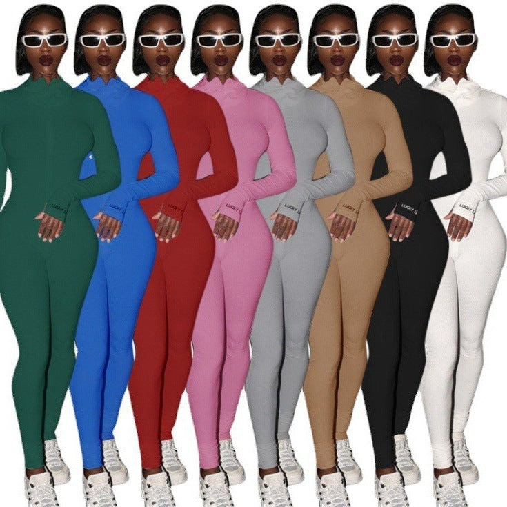 Women Figure-hugging Ribbed Knit Overall with Stand-up Collar and Front Zipper Mune Fashion