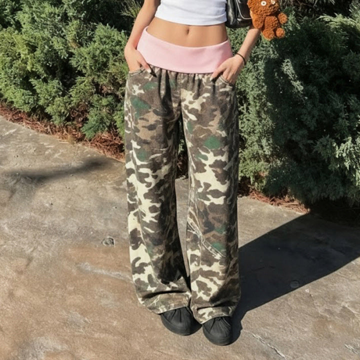 Women's wide lounge pants with foldover waistband, camouflage pattern and elastic comfort stretch Mune Fashion