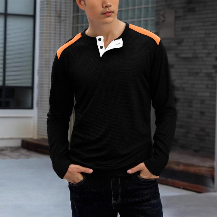 Men's structured Henley long-sleeve shirt with stand-up collar, shoulder piping, and waffle structure Mune Fashion