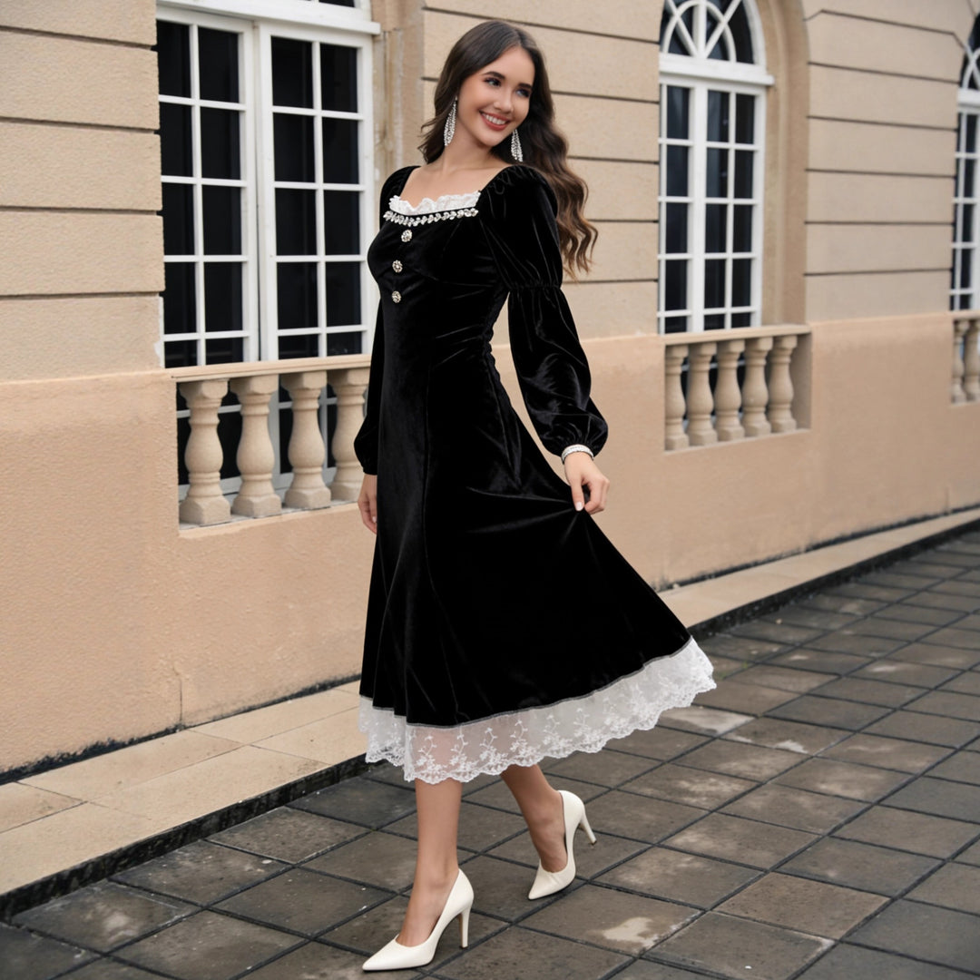 Ladies Velvet Midi Dress with Square Neckline, Puff Sleeves and Lace Underlay Mune Fashion