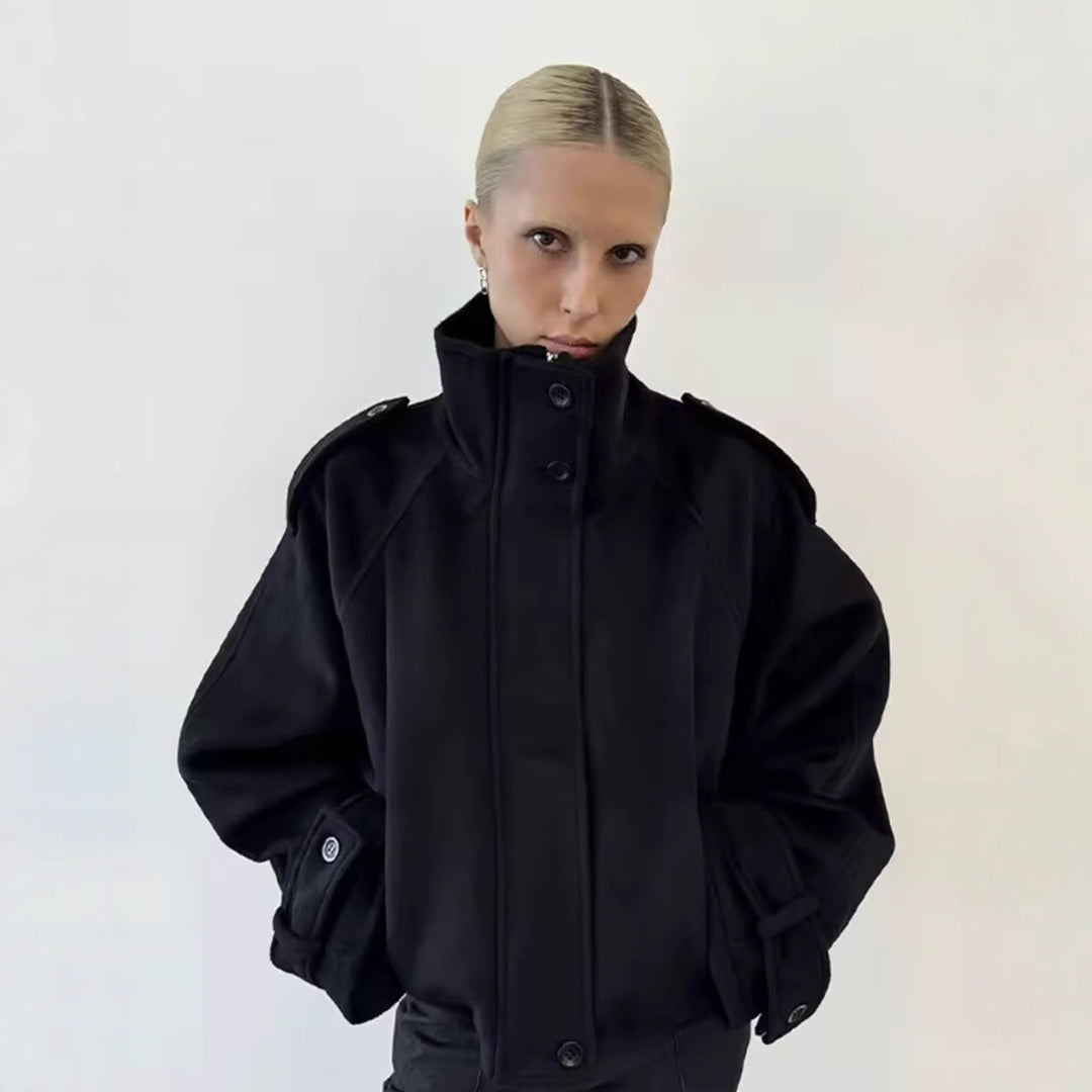 Women's short coat in cape look with high stand-up collar, epaulettes and wide raglan sleeves Mune Fashion
