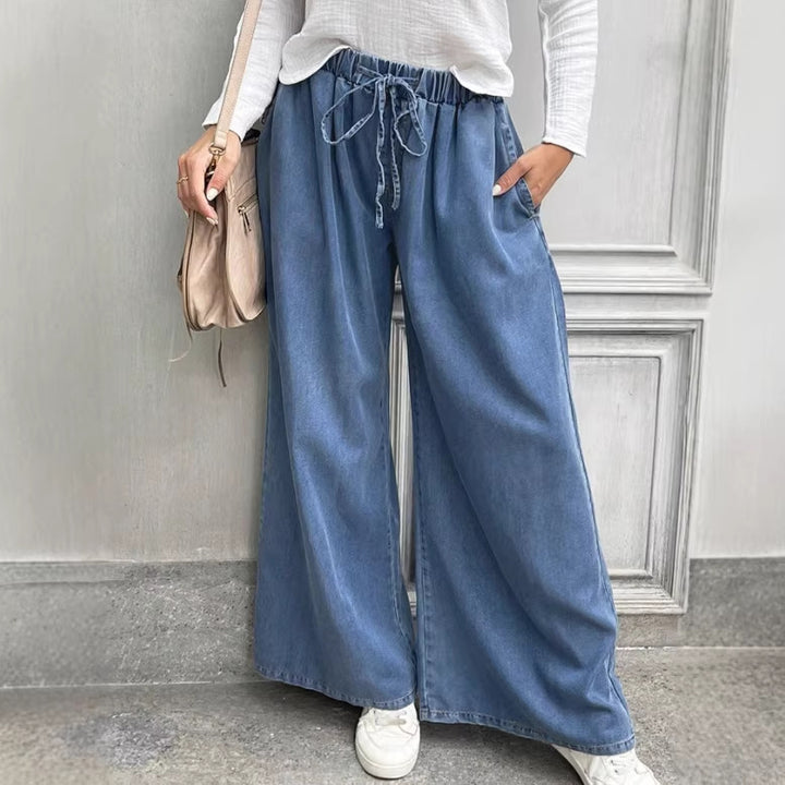 Women's Relaxed Palazzo Jeans with Drawstring Waist, Side Pockets and Extra Wide Leg Mune Fashion