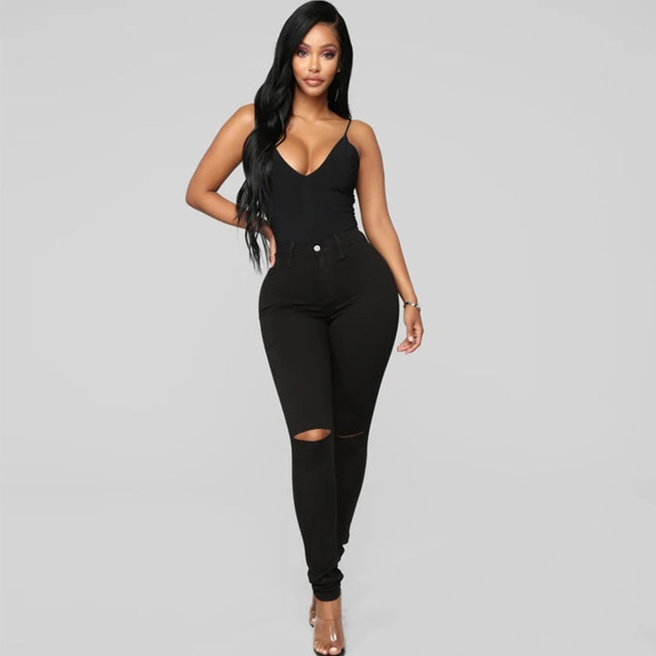 Women's High-Waist Skinny Jeans with Knee Rips and Figure-Flattering Cut Mune Fashion