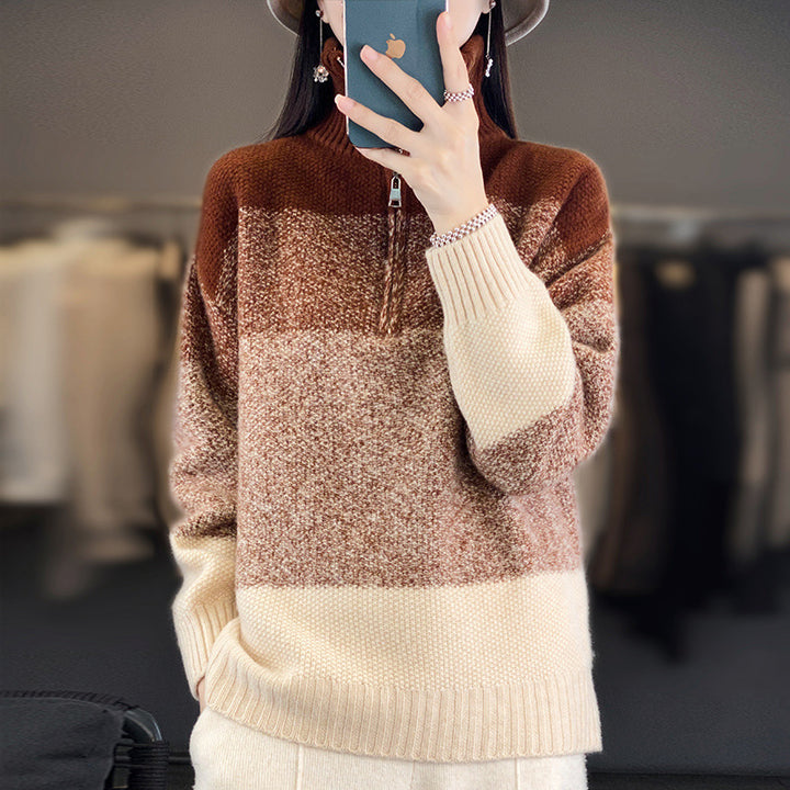 Women's Oversize Knit Sweater with Half Zip, Mélange Block Stripes and Soft Pile Mune Fashion