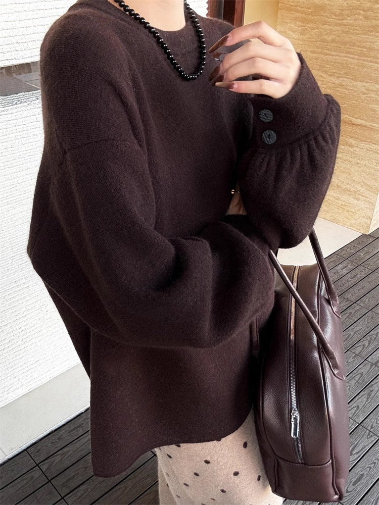 Women's Oversized Fine Knit Sweater with Balloon Sleeves and Button Cuff Mune Fashion