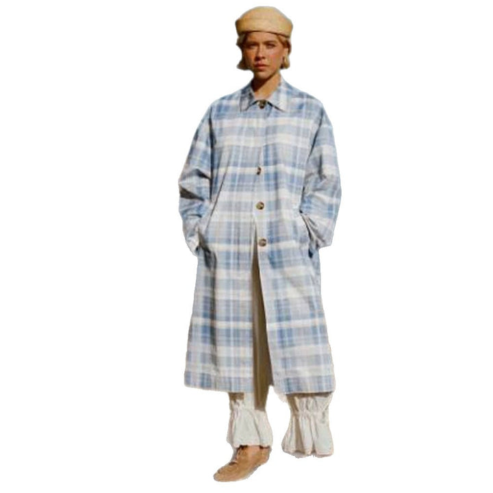 Women's Checked Lightweight Trench Coat with Mid-Length Oversized Silhouette Mune Fashion