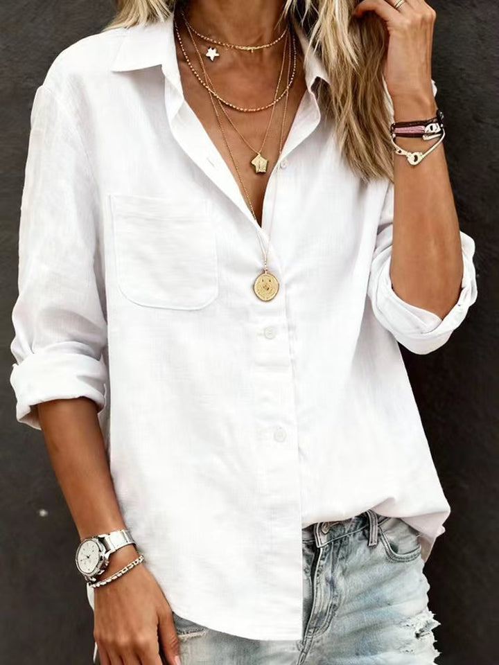 Ladies linen blouse with casual cut and practical breast pocket Mune Fashion