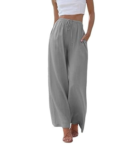 Women's wide linen pants with elastic waistband, drawstring, and side pockets Mune Fashion
