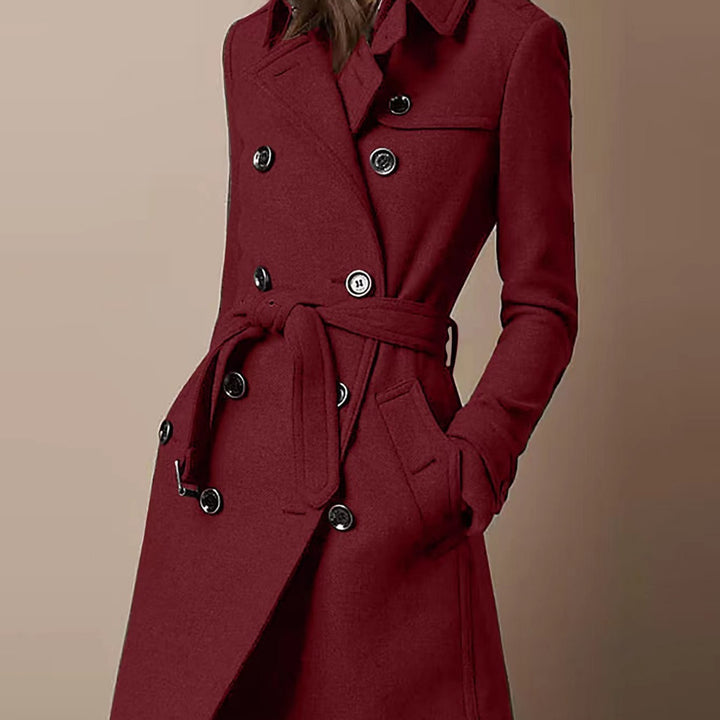 Women's Double-Breasted Wool Blend Trench Coat with Waist Belt Mune Fashion
