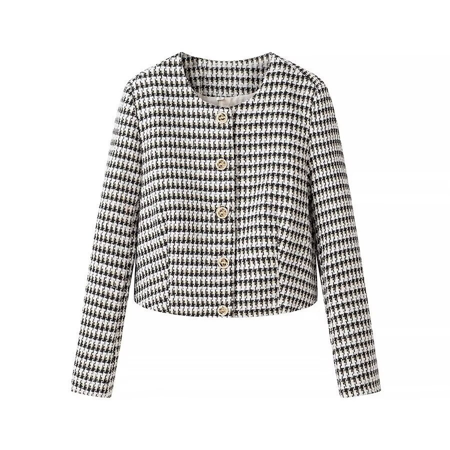 Women Tailored Boucle Short Blazer with Houndstooth Pattern and Decorative Buttons Mune Fashion