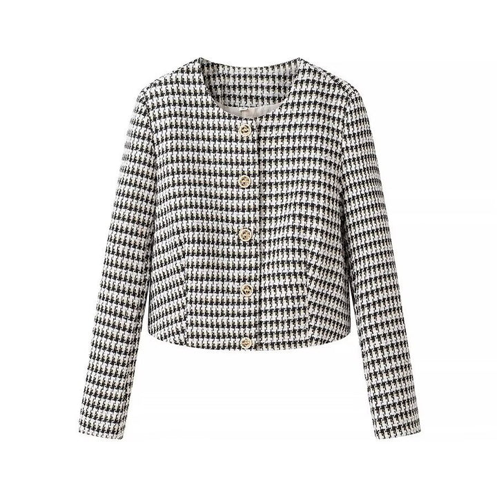 Women Tailored Boucle Short Blazer with Houndstooth Pattern and Decorative Buttons Mune Fashion