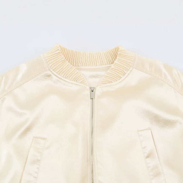 Ladies Silky Cropped Bomber with Gathered Hem, Raglan Sleeves and Insert Pockets Mune Fashion