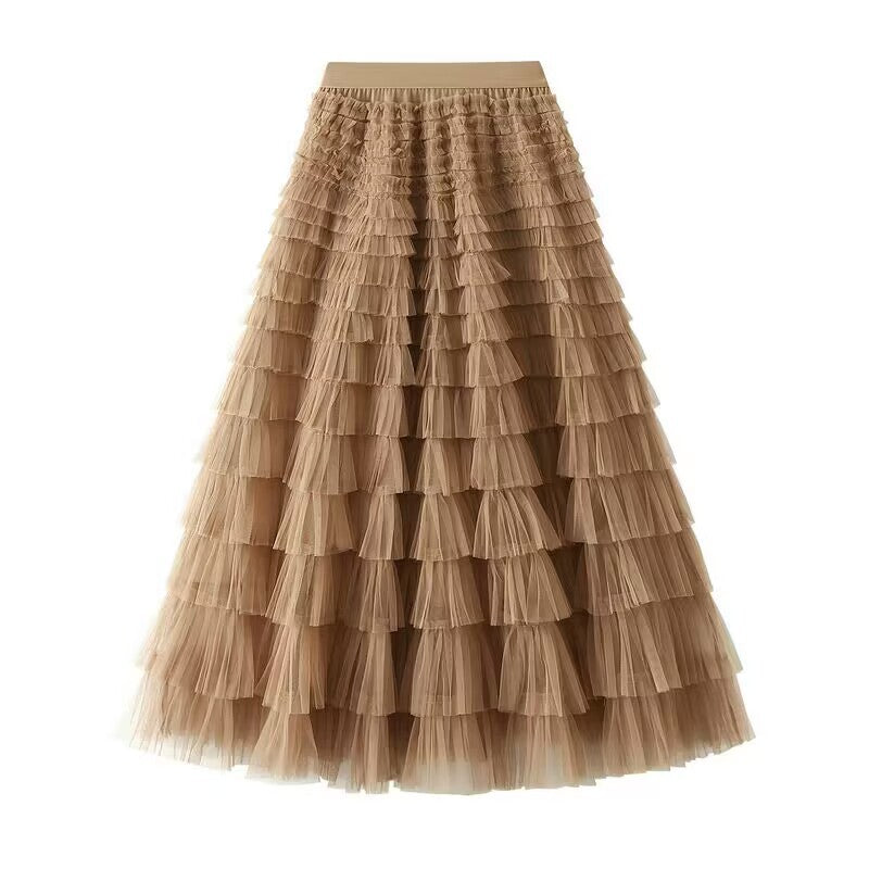 Women's layered tulle midi skirt with elastic waistband and ruffles Mune Fashion