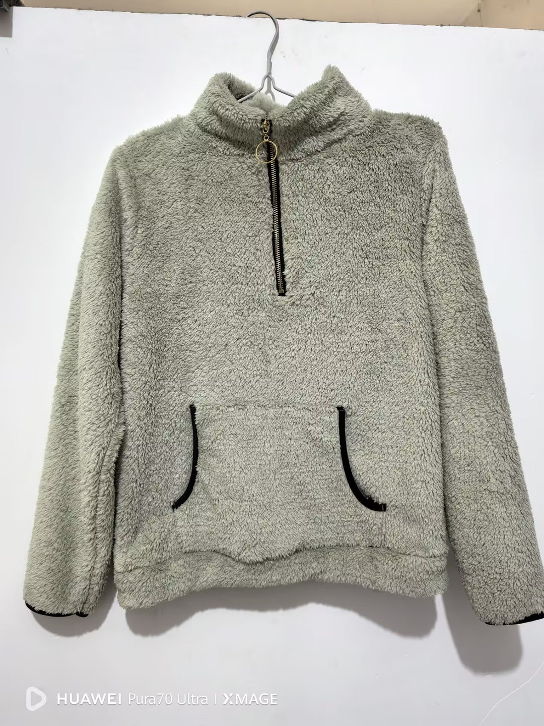 Women nan cuddly teddy fleece pullover with half zipper and kangaroo pocket Mune Fashion