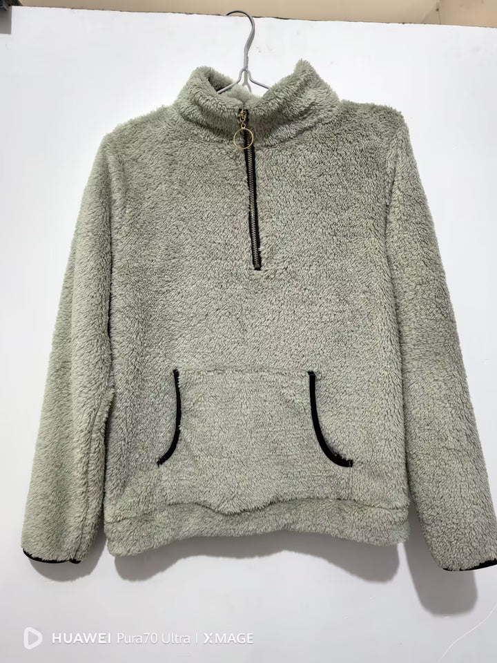 Women nan cuddly teddy fleece pullover with half zipper and kangaroo pocket Mune Fashion