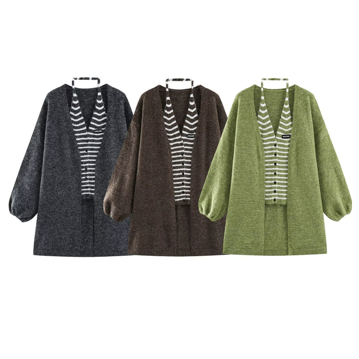 Women's Oversized Knit Cardigan with Balloon Sleeves and Striped Trim Button Placket Mune Fashion