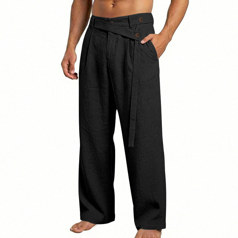Men's wide linen pants with wrap waistband, high waist and casual leg Mune Fashion