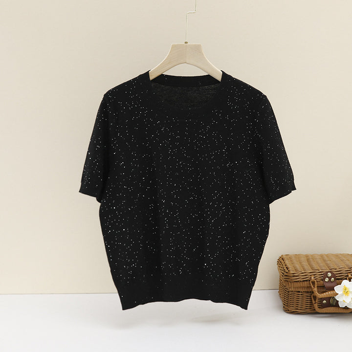 Women Short Sleeved Fine Knit Top with Subtle Glitter Yarn and Round Neckline Mune Fashion