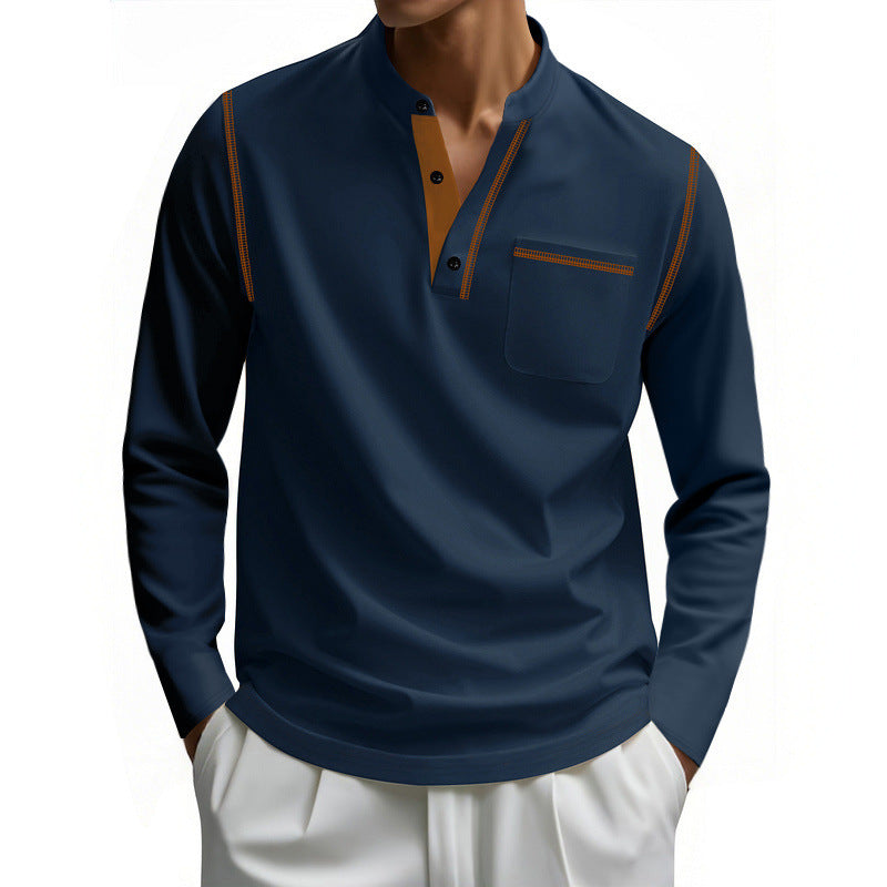 Men's long-sleeve cotton Henley with stand-up collar, chest pocket, and decorative seams Mune Fashion