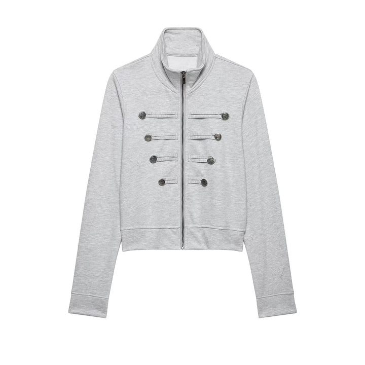 Women's Cropped Sweat Jacket with Stand Collar and Decorative Button Placket Mune Fashion