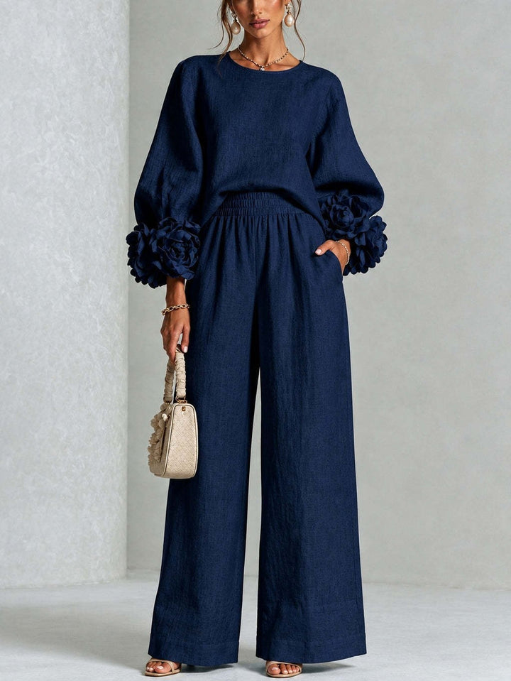 Women's Two-Piece Linen Blend Set with Wide Leg, Elastic Waistband and Floral Sleeves Mune Fashion