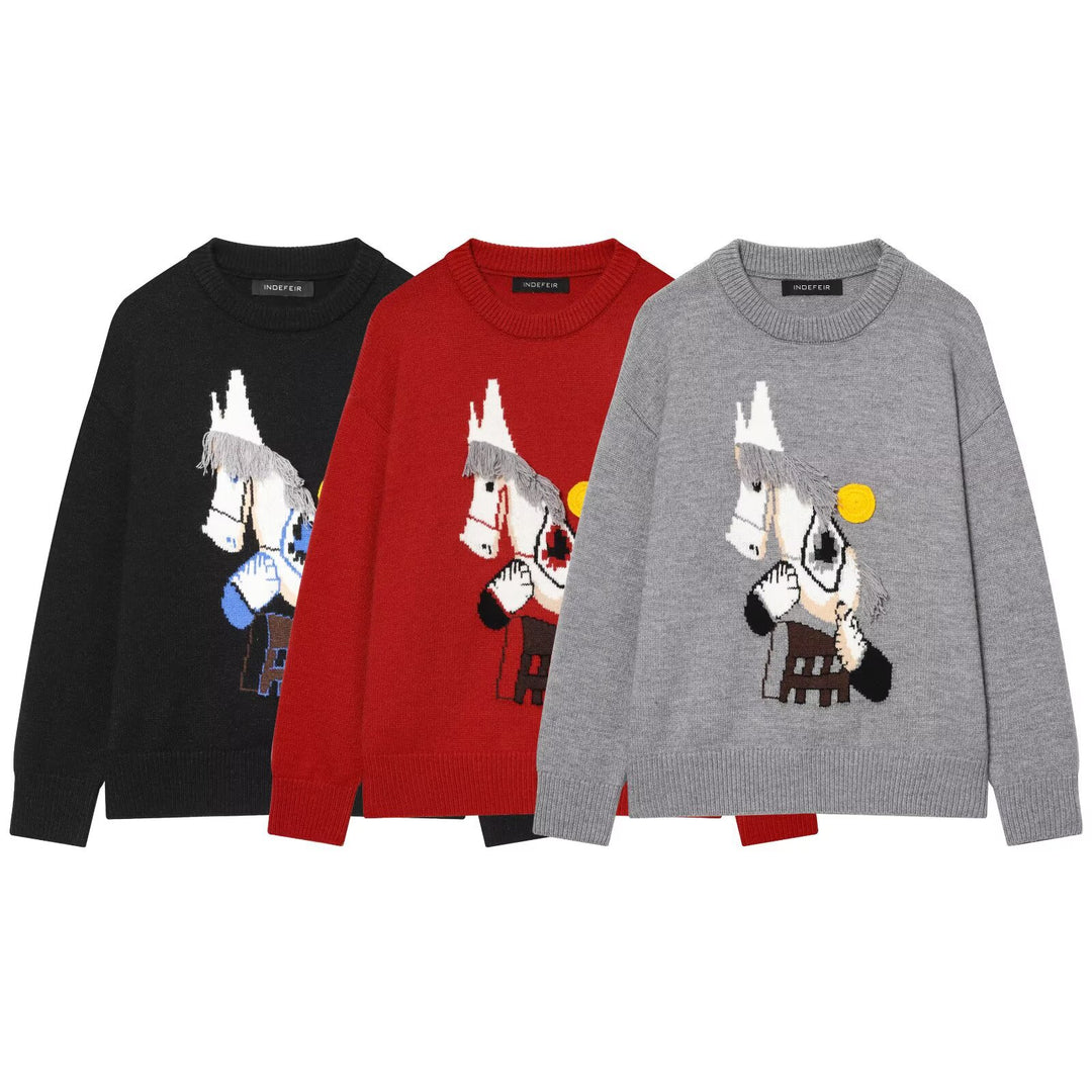 Women's knitted sweater with horse motif and fringe appliqué, oversized round neck Mune Fashion