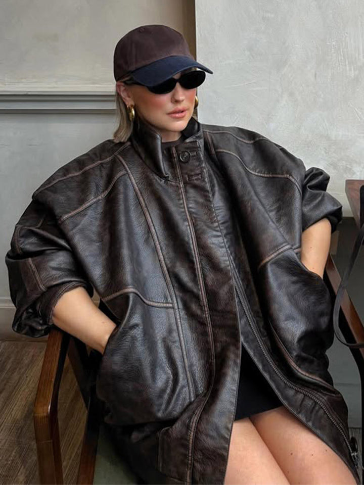 Women Oversize Faux Leather Coat with Distinct Decorative Seams and Stand-Up Collar Mune Fashion